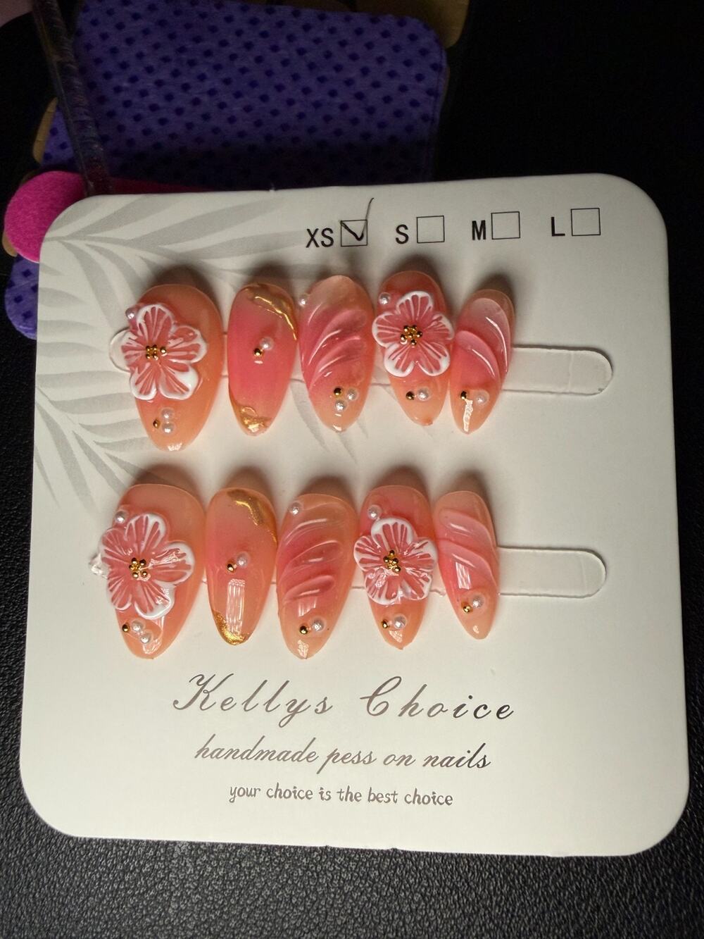 Press-On Nails Acrylic Pink White Orange Floral Size XS Almond Handmade New
